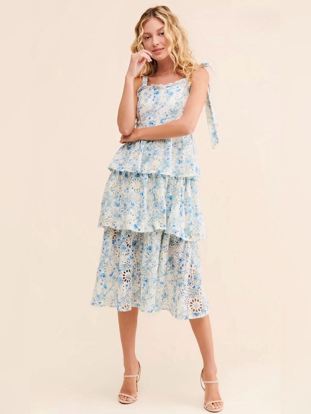 En Saison Claire Eyelet Tiered Midi Dress in Blue Floral Size S
